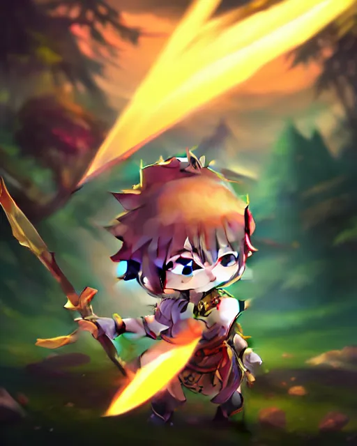 Image similar to oil painting of a cute chibi MapleStory warrior,, attacking, casting a spell with a spear, wearing a MapleStory warrior outfit, sharp focus, fantasy style, octane render, volumetric lighting, 8k high definition, by greg rutkowski, highly detailed, trending on artstation, magic the gathering artwork, Perion background from MapleStory, centered