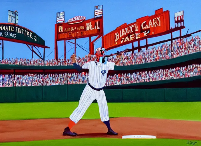 Image similar to painting of harry caray singing take me out to the ball game, malort bottle in hand, wrigley field background, blue sky, baseball, sharp,