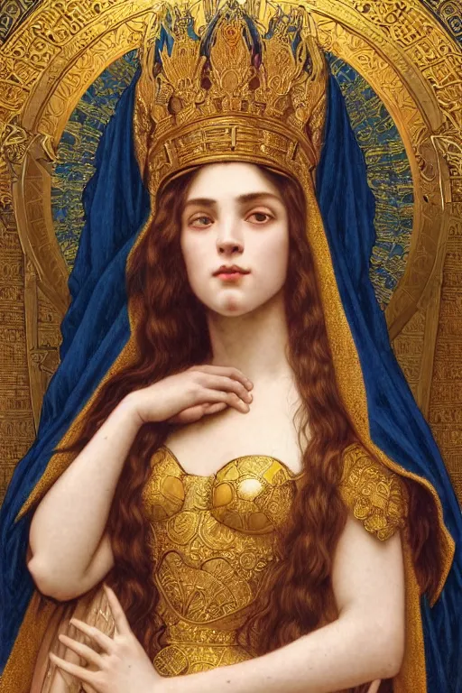 Image similar to Portrait of historically accurate, biblical, sneering, young, wicked, terrible, evil, pagan, beautiful, queen jezebel of ancient Israel, wearing gilded robes, long hair, intricate, elegant, highly detailed, masterpiece, illustration, art by artgerm and greg rutkowski and alphonse mucha and Wayne Barlowe and william-adolphe bouguereau, highly detailed, trending on artstation, award winning