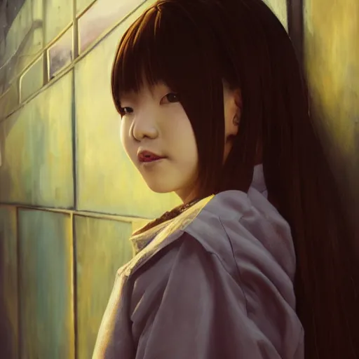 Image similar to a perfect, realistic professional oil painting of a Japanese schoolgirl posing in a dystopian alleyway, close-up, by a professional American senior artist on ArtStation, a high-quality hollywood-style concept