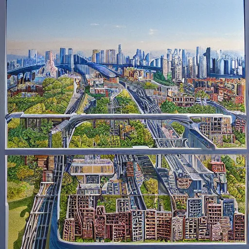 Image similar to placid carboniferous by john philip falter. a installation art of a cityscape. the installation art shows a view from an elevated train line of the city below.