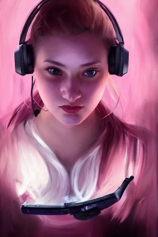 Image similar to gamer girl with blonde hair and dark eyes playing on her computer, portrait shot, face lit up by the monitor, pink gaming headset, dark atmosphere, dynamic lighting, intricate and very very beautiful, highly detailed, digital painting, artstation, concept art, smooth and sharp focus, illustration, art by tian zi and wlop and alphonse mucha