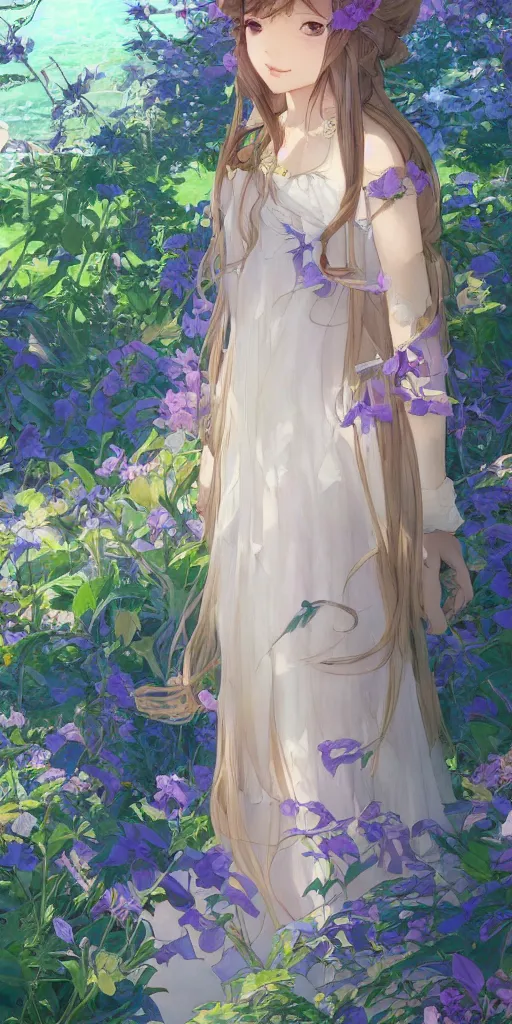 Image similar to a digital art of a loli with long hair in a dress in the privet garden at after noon, blue and warm theme, back lighting, by krenz cushart and mucha and akihito yoshida and greg rutkowski and makoto shinkai, detailed eyes, 4 k resolution, trending on art station