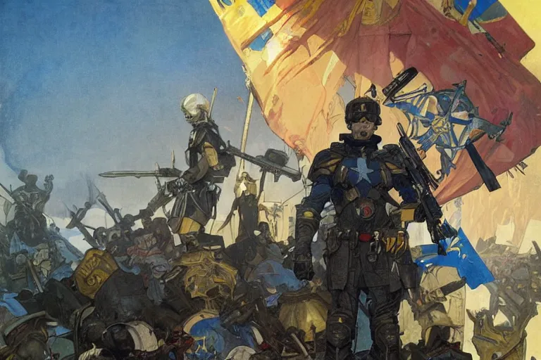 Prompt: A modern super soldier with a trident coat of armor and blue and yellow flag behind him is standing on a pile of skulls with Z character on foreheads, elegant, highly detailed, smooth, sharp focus, illustration, art by greg rutkowski and alphonse mucha