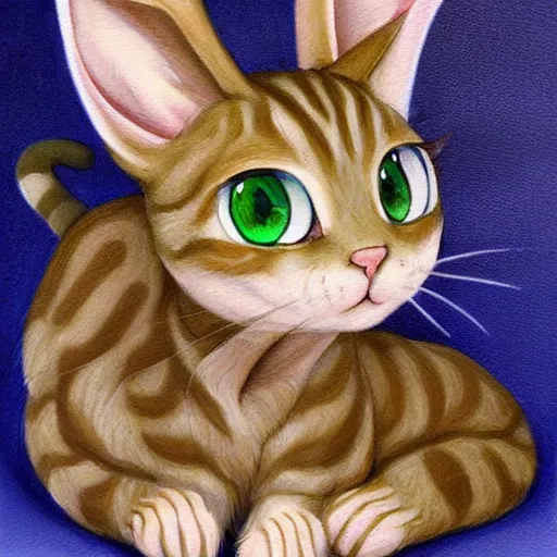 Image similar to realist detailed painting concept art of a cute beige cat with big green eyes, long floppy rabbit ears, and long tail, in the art style of nakanoart, ebbarie, kajenna