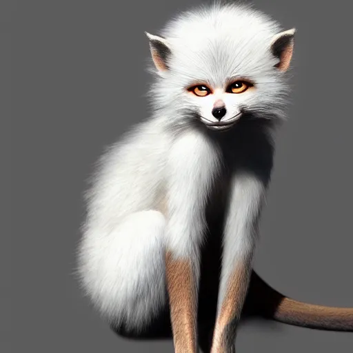 Image similar to fox as a monkey as a cat, fluffy white fur, extremely long tail, award winning creature portrait photography, extremely detailed, artstation, 8 k, sensual lighting, incredible art, wlop, artgerm