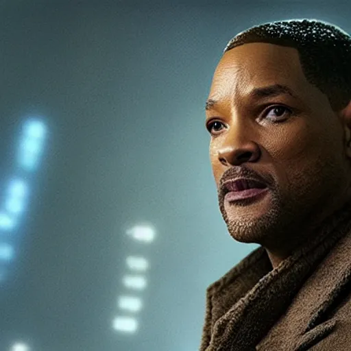 Image similar to a still from blade runner 2 0 4 7 with will smith as the main characer