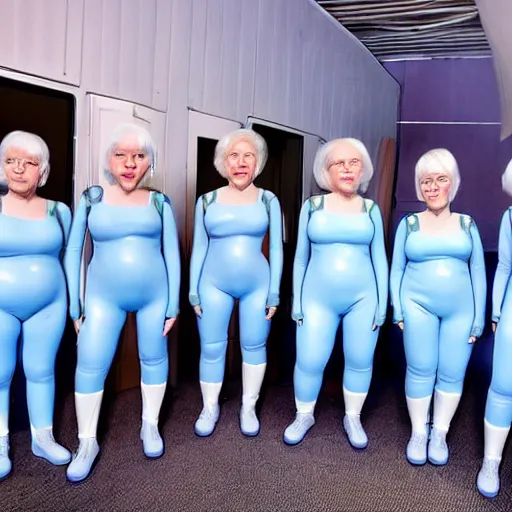 Prompt: troop 1 2 0 - year - old grannies with white bob hairdos, tight light blue latex body suits, futuristic cloning facility, sci - fi, highly detailed, cinematic