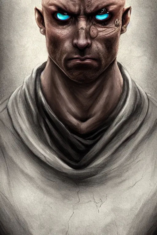 Prompt: unattractive, bald and unsympathetic Human_fighter!, He has 6 scares on his face, and a bloodthirsty look in his eyes. full_body!!, dungeons and dragons portrait, highly detailed, digital painting, artstation, concept art, sharp focus, illustration, art by Leonardo da Vinci and Michelangelo and Botticelli