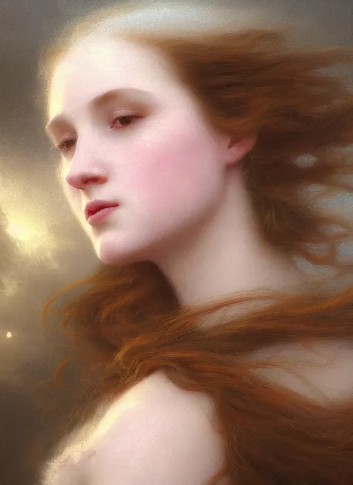 Image similar to oil painting close up portrait of a contemplative young irish woman with long redhead flowing hair in a dress made of white roses!! at sunset, hazy, digital art, chiaroscuro, artstation, cinematic, golden hour, digital art painting by greg rutkowski, william - adolphe bouguereau, foggy atmosphere, cinematic lighting