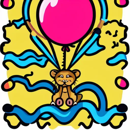 Prompt: Cute lion floating with balloon cartoon vector icon illustration. animal love icon concept. flat cartoon style