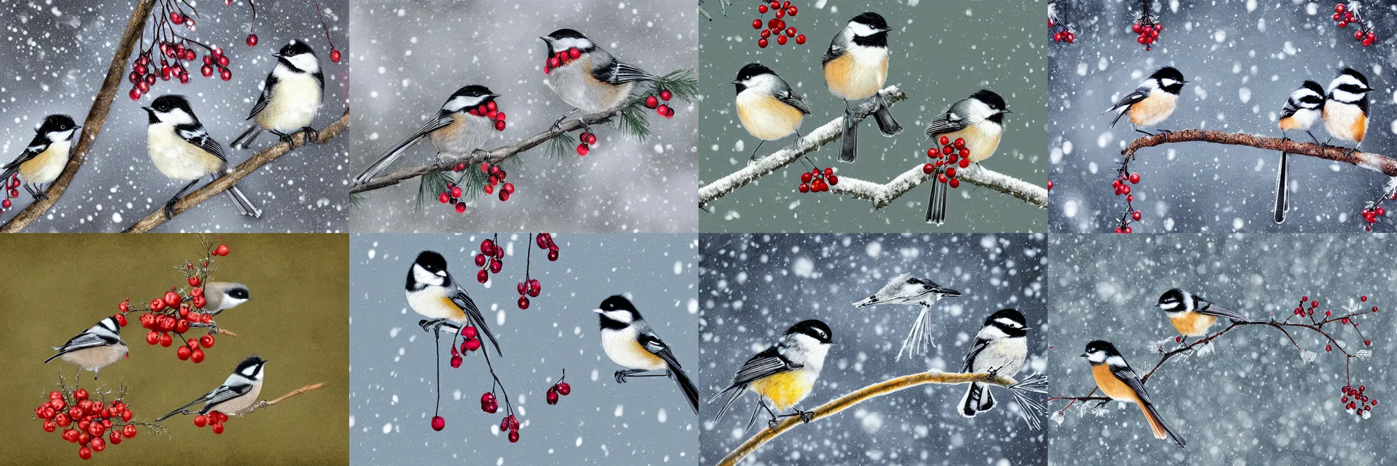 Prompt: a pair of chickadees sitting on the branch of a mountain ash tree, with red berries and icicles hanging down, in the winter, beneath a gray sky with wispy clouds and snow, highly detailed digital art