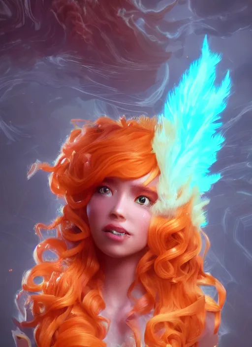 Image similar to glowwave portrait of curly orange hair girls made of feathers mist and cloud from league of legends, au naturel, hyper detailed, digital art, trending in artstation, cinematic lighting, studio quality, smooth render, unreal engine 5 rendered, 3 d octane rendered, art style by pixar dreamworks warner bros disney riot games and league of legends.