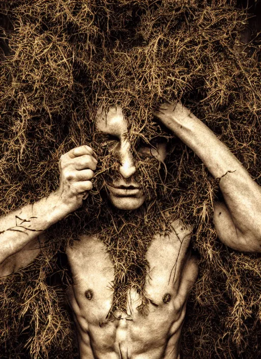 Image similar to mysterious and sensual scene of tyrolean farmer transforming into hay man with horns, roots and edelweiss growing out of the body 35mm double-exposure photo, palm body, deep shadows, german expressionism, noir, slightly colorful, photorealistic, detailed smoke, natural bones and skin, natural textures, depth of field, ambient occlusion, motion blur, HD, masterpiece, volumetric, chromatic aberration by Richard Avedon, style of Ade Santora, perfect composition, masterpiece, intricate detailed