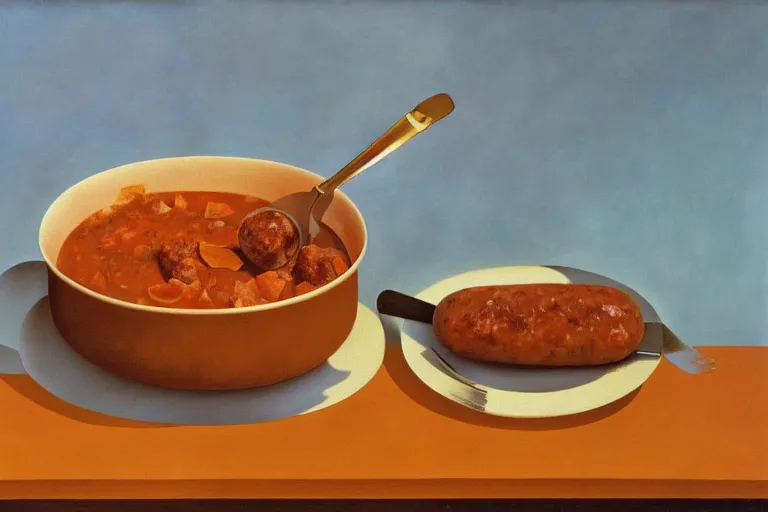 Image similar to sausage and goulash, by magritte and de chirico, surreal oil painting, hyper detailed, masterpiece 4 k