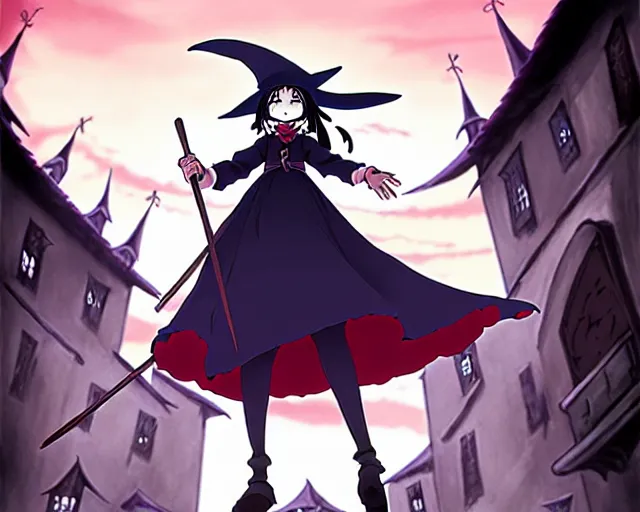 Prompt: ( ( majo no tabitabi ) ), key anime visual portrait of a young female witch walking through a busy medieval village, dynamic pose, dynamic perspective, cinematic, dramatic lighting, detailed silhouette, anime proportions, perfect anime, yoh yoshinari, ( murata range )