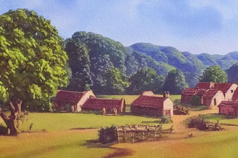 Image similar to painting of a wide shot of a rural countryside village in the style of carl valente