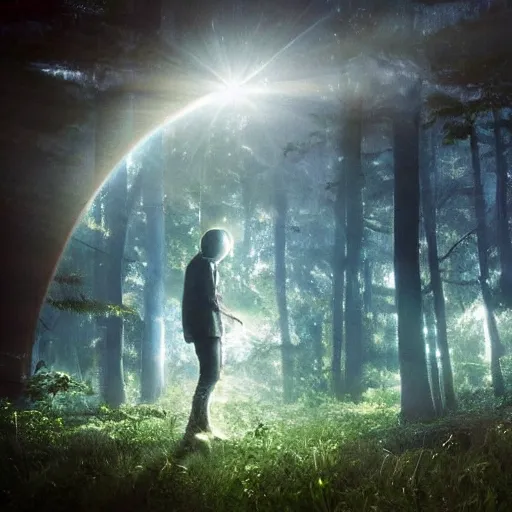 Image similar to thom yorke singer songwriter walking in a forest in a spacesuit, filling up with water, waterline refractions, anamorphic lens flare, beautiful blueish eyes, eyes reflecting into eyes reflecting into infinity, spherical tiny round eye pupils, eyes reflecting into eyes reflecting into infinity, dramatic lighting