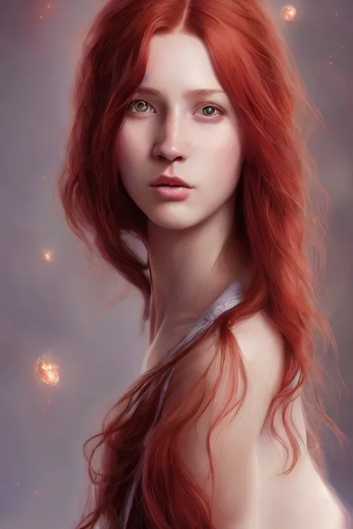 Prompt: ultra realistic style illustration of a beautiful cute red haired joyful young woman, full portrait, long hair, sci - fi, fantasy, intricate, elegant, digital painting, artstation, concept art, smooth, sharp focus, 8 k frostbite 3 engine, ultra detailed, art by artgerm and greg rutkowski and magali villeneuve
