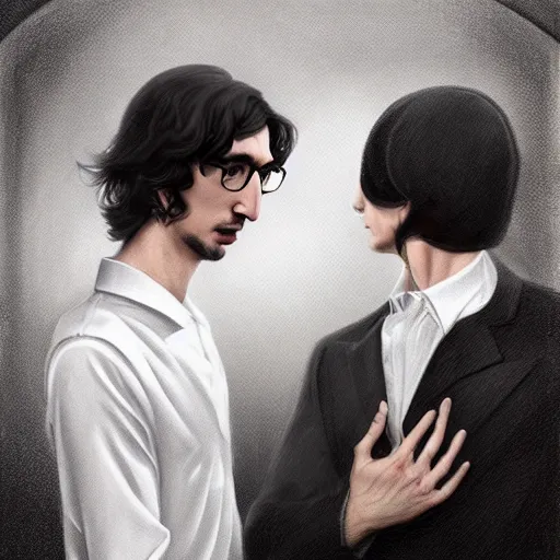 Image similar to photo booth of 2 people, john oliver on left, adam driver on right, full body, elegant, beautiful, highly detailed, centered, dark, smokey, digital painting, concept art, smooth, sharp focus, illustration, deviant art, art by artgerm, art by greg rutkowski, art by alphonse mucha