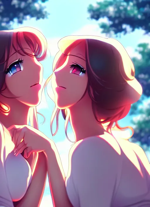 Image similar to two beautiful mothers out on a humid summer day, gorgeous faces, thick lines, cinematic lighting, detailed anime art