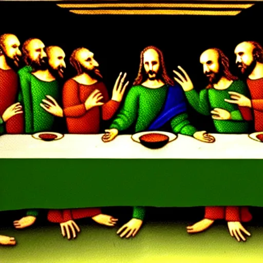 Prompt: green aliens in the last supper painting, eating alien food