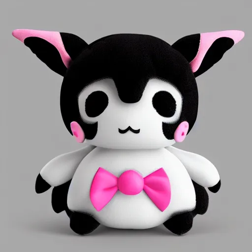 Image similar to cute fumo chibi plush imp, black and white with pink ribbon and hearts, soft shadow, vray
