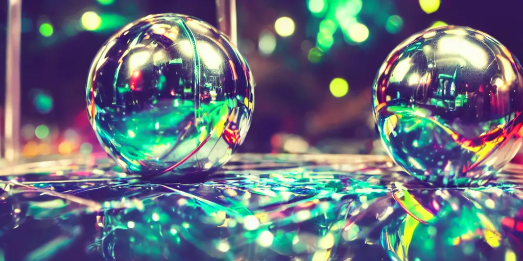 Image similar to ”close-up of a chrome pinball ball coming out of a ramp on high speed”, [neon glow, colorful, blur, bloom, zoomed, photography, bokeh]”