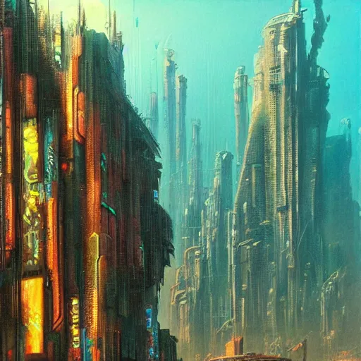 Image similar to giant underwater cityscape, cyberpunk 2 0 7 7 and beksinski art style, highly detailed 7 0 s scifi painting