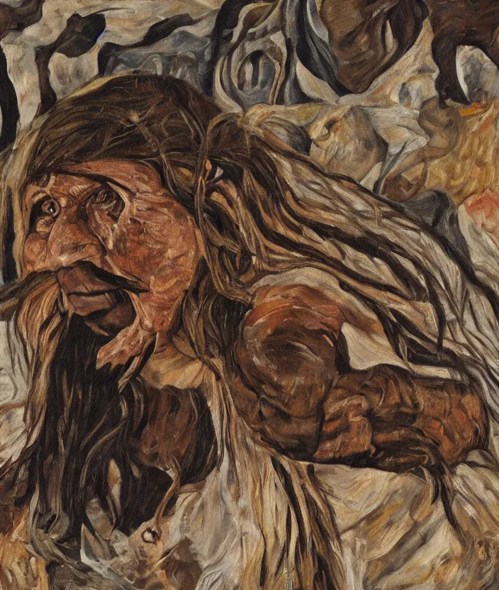 Prompt: indigenous woman hunting, painted by lucian freud, hd, super detailed, realistic, muted colors