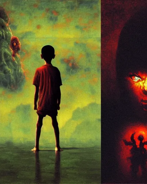 Prompt: 8k professional photo of an 8 years old enlightened and scared boy standing in front of a computer from 90s with a game doom2 at the monitor screen, Beksinski impasto painting, part by Adrian Ghenie and Gerhard Richter. art by Takato Yamamoto, masterpiece. still from a movie by Gaspar Noe and James Cameron