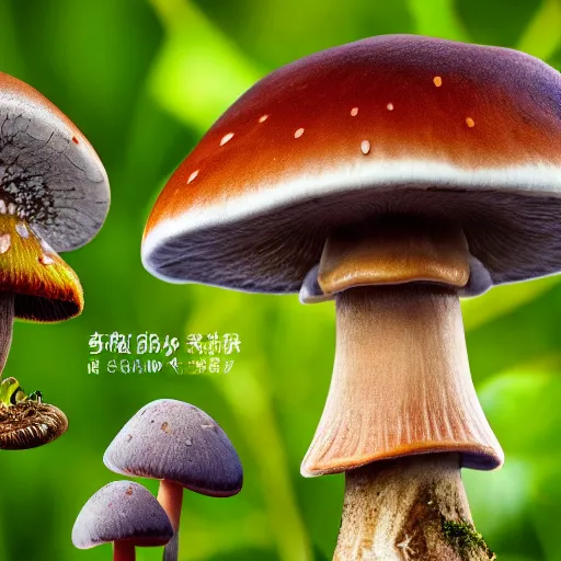 Image similar to macro photo with a mushroom character with cute eyes and mycelium, very close to real nature, natural colors and natural surroundings, painted patterns and coloring on mushrooms, 8K, highly detailed, cartoon