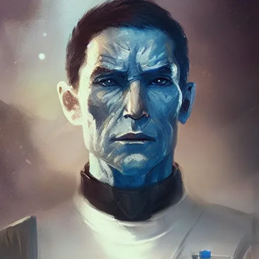 Image similar to portrait of a man by greg rutkowski, blue skin, short black hair in military style, tall, star wars expanded, universe, he is about 5 0 years old, wearing white colored imperial admiral uniform, artstation hq
