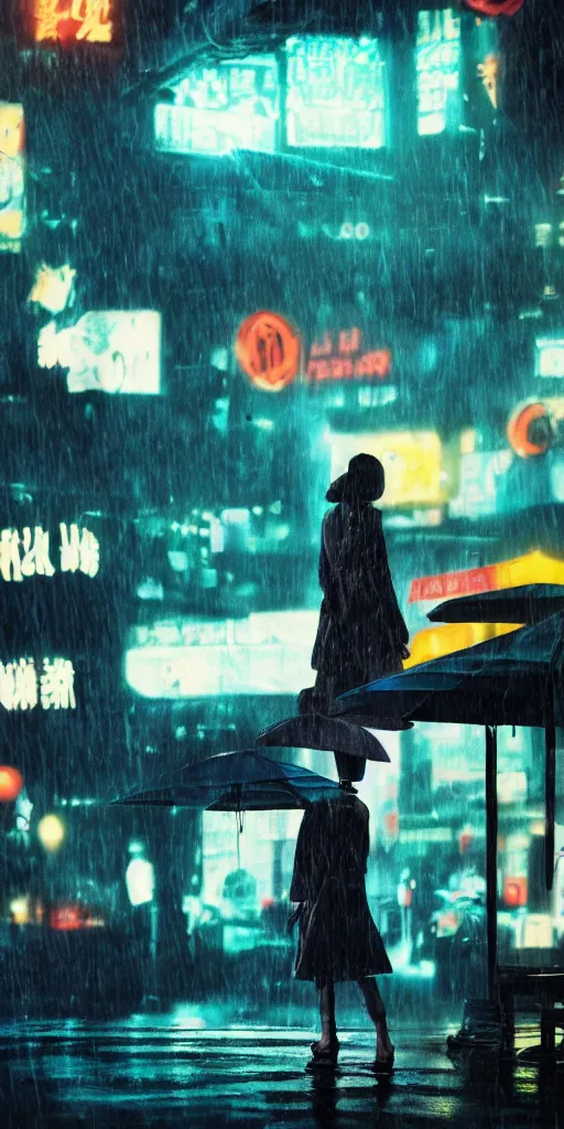 Prompt: blade runner movie still of a school girl at an outdoor noodle stand, hyper realism, rack focus, close establishing shot, rainy night, monochromatic teal, steamy, desaturated colors, soft dramatic lighting, 4 k digital camera