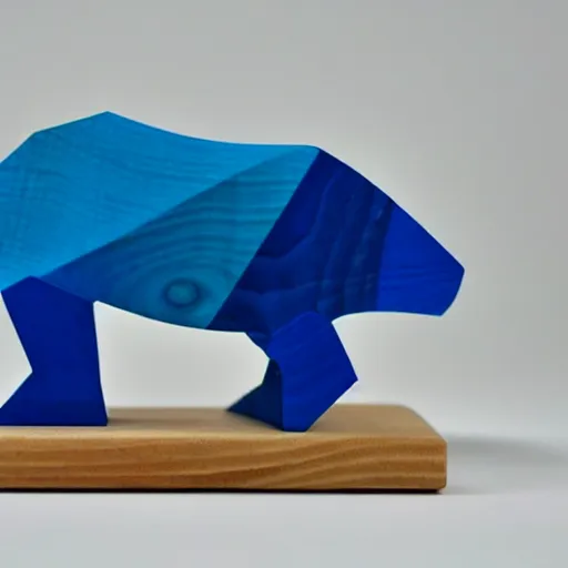 Image similar to a beautiful!!!!! minimalist curvy shaped small sculpture of hippopotamus!!!, ( ( wood ) ) and ( ( blue epoxy ) ), cubic blocks mix stripes cuts, side view profile centered, curves design, minimal, ambient, wood r