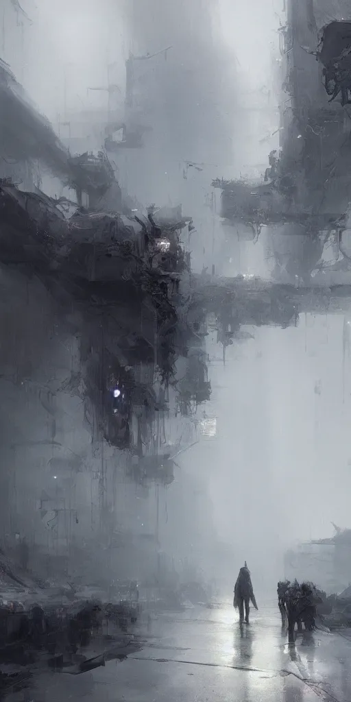 Image similar to grey low contrast scene, soft, sad, misty, by ruan jia and android jones and wadim kashin