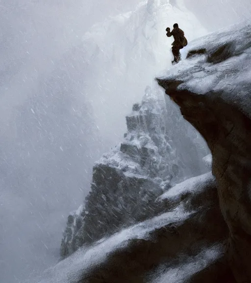 Image similar to a climber climbs a snowy mountain in a storm, close view, painting by craig mullins, octane rendering, soft morning lighting, wide angle lens, in the style of hayao miyazaki, trending on artstation,