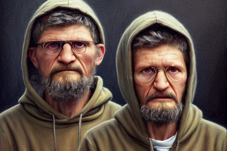 Image similar to ted kaczynski in a hoodie. log cabin background. oil painting elegant, highly detailed, centered, digital painting, artstation, concept art, smooth, sharp focus, illustration, artgerm, tomasz alen kopera, peter mohrbacher, donato giancola, joseph christian leyendecker drew struzan