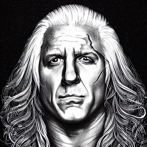 Image similar to ric flair, portrait, flowing python hair, by dan hillier, drawing