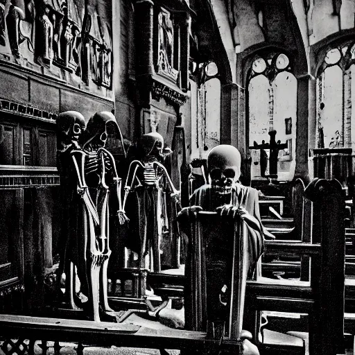 Prompt: photojournalism, old victorian photo, atmospheric, Victorian, Terminator machine skeleton people praying in church made of impossible geometry