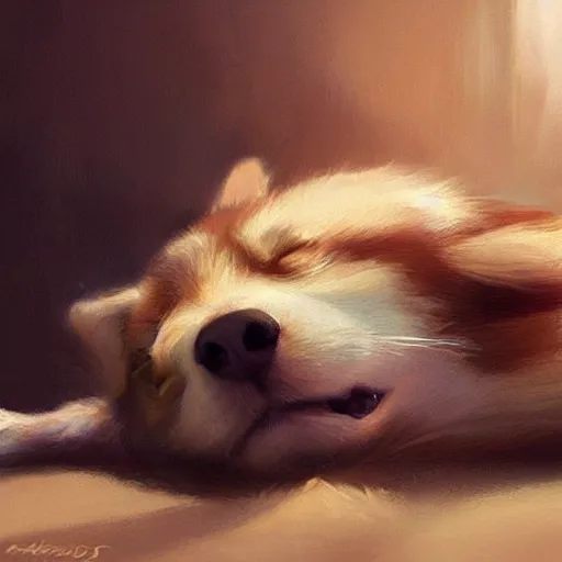 Image similar to a cute corgi sleeping. soft, atmospheric, warm lighting. highly detailed digital painting by mandy jurgens.