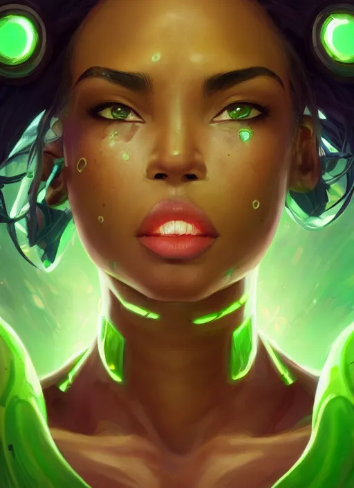 Prompt: senna from league of legends, au naturel, hyper detailed, brown skin, glowing green neon eyes, digital art, trending in artstation, cinematic lighting, studio quality, smooth render, unreal engine 5 rendered, octane rendered, art style by klimt and nixeu and ian sprigger and wlop and krenz cushart
