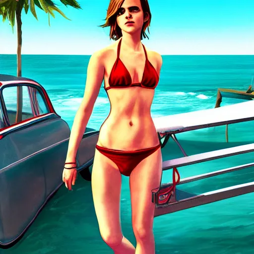 Prompt: emma watson in red bikini in gta v, cover art by stephen bliss, artstation, no text