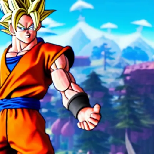 Image similar to a game still of goku in fortnite, in - game shot