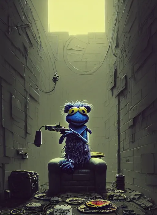 Image similar to highly detailed matte painting, of punk muppet sitting on maximalist 3 d calligraphy graffiti tag light eroding grey walls, by atey ghailan, by greg rutkowski, by greg tocchini, by james gilleard, by joe fenton, by kaethe butcher, yellow, brown, black and cyan mystical color scheme, grunge aesthetic, octane render