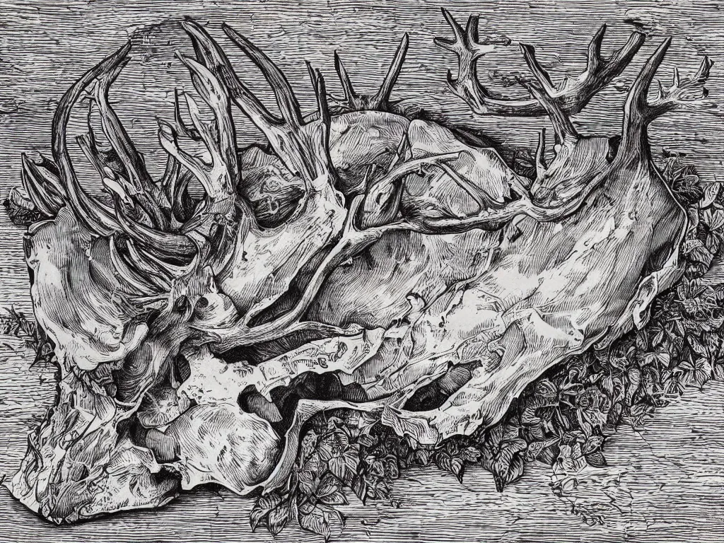 Prompt: Beautiful isometric print of a Giant Deer skull in the Sonora Desert landscape in the style of Albrecht Durer and Martin Schongauer, high contrast!! finely carved woodcut engraving black and white crisp edges