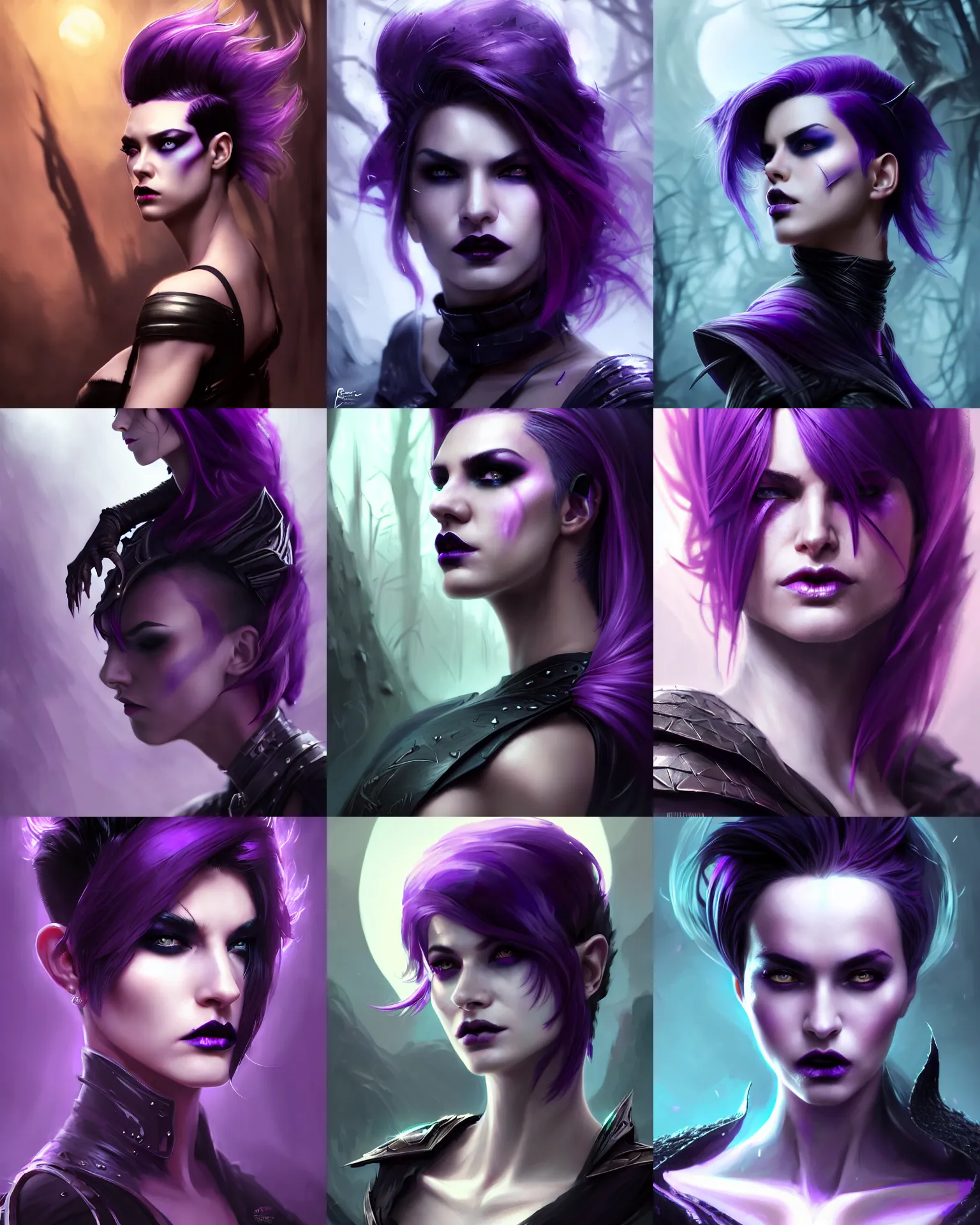 Prompt: cinematic side portrait sexy supermodel female, super villain evil sorcerer, fantasy forest landscape, fantasy magic, undercut hairstyle, short purple black fade hair, night time, rim light, contrast light, dark, intricate, elegant, sharp focus, illustration, highly detailed, digital painting, concept art, matte, art by ruan jia and wlop and greg rutkowski, masterpiece