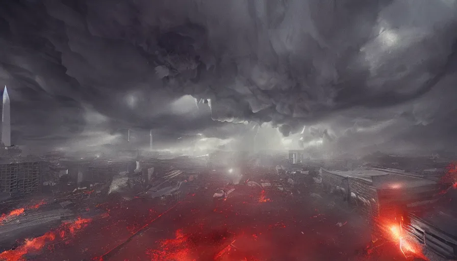 Prompt: found footage style of tornado destroying washington dc, ashes, destruction, fire, hyperdetailed, artstation, cgsociety, 8 k