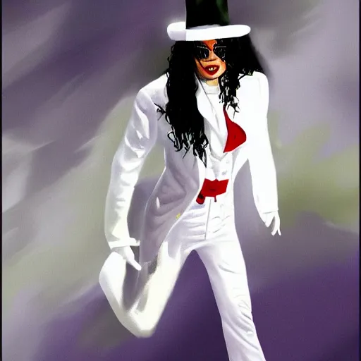 Image similar to paining of Michael Jackson moon walking, white suit and hat, trending on Artstation