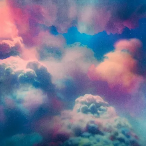 Prompt: film photography of a sprawling wooden space station amongst colourful underwater clouds by Kim Keever, low shutter speed, 35mm